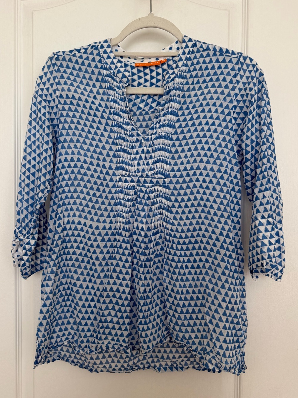 Oliphant Blue & White Geometric 100% Cotton Pintuck Women’s Tunic Top sz Small